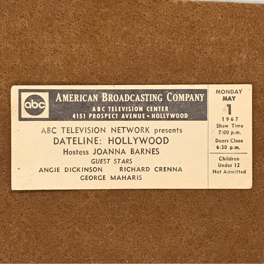 Rare Dateline Hollywood 1967 guest ticket. Angie Dickinson, George Maharis!
